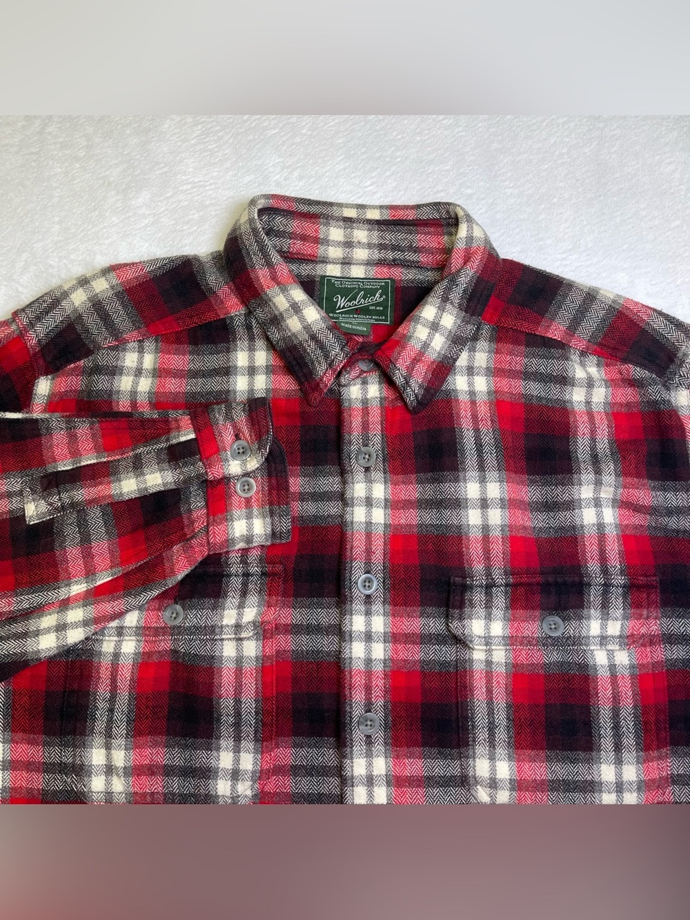 Woolrich Mens XL Red Black Grey Cream Plaid 100% Cotton Flannel Shirt Heavy Duty
